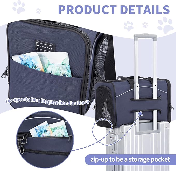 Petsfit Airline Approved Pet Carrier for Small Dogs &amp; Cats, 19x9x12 TSA Approved Carrier, with Removable Dual-Sided Padding (2-Way Placement) - Fits Under Most Airplane Seats, Escape Proof (Navy)