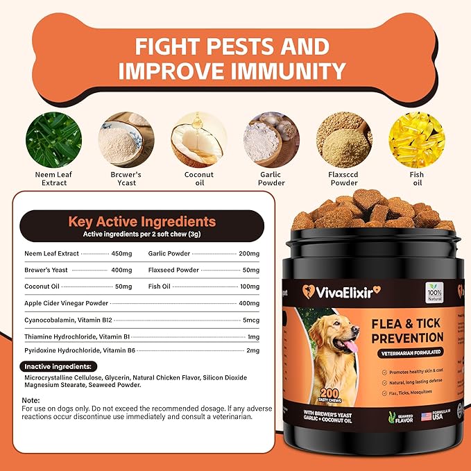 Flea and Tick Prevention for Dogs – 200 Soft Chews - Dog Flea and Tick Treatment &amp; Oral Flea Pills – Skin &amp; Coat Health - Made in USA - for Small, Medium, Large Dogs