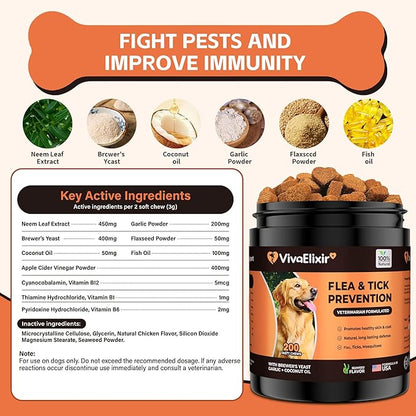 Flea and Tick Prevention for Dogs – 200 Soft Chews - Dog Flea and Tick Treatment &amp; Oral Flea Pills – Skin &amp; Coat Health - Made in USA - for Small, Medium, Large Dogs