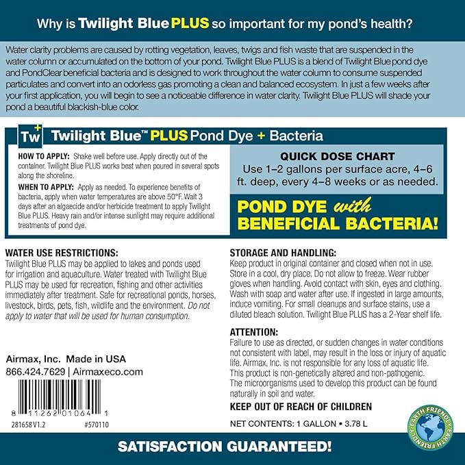 Airmax Pond Dye Plus, Twilight Blue Colorant &amp; Natural Beneficial Bacteria, Large Pond &amp; Lake Water Clarifier &amp; Color Treatment, Shade Plants &amp; Algae from Sunlight, Fish &amp; Livestock Safe, 4 Gallons