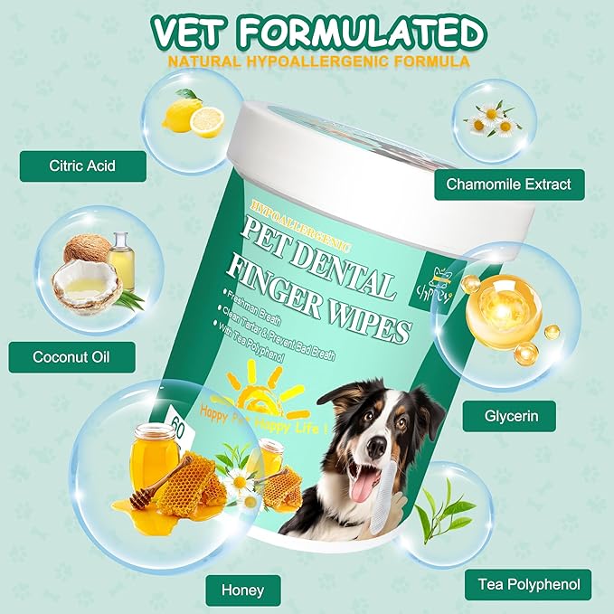 60 Count Dog Dental Wipes - Teeth Cleaning Finger Wipes for Dogs &amp; Cats, Hypoallergenic Dog Toothbrush Finger Dental Wipes to Remove Plaque &amp; Tartar, Freshen Bad Breath, Gentle Cleaning(4.7″*1.7″)