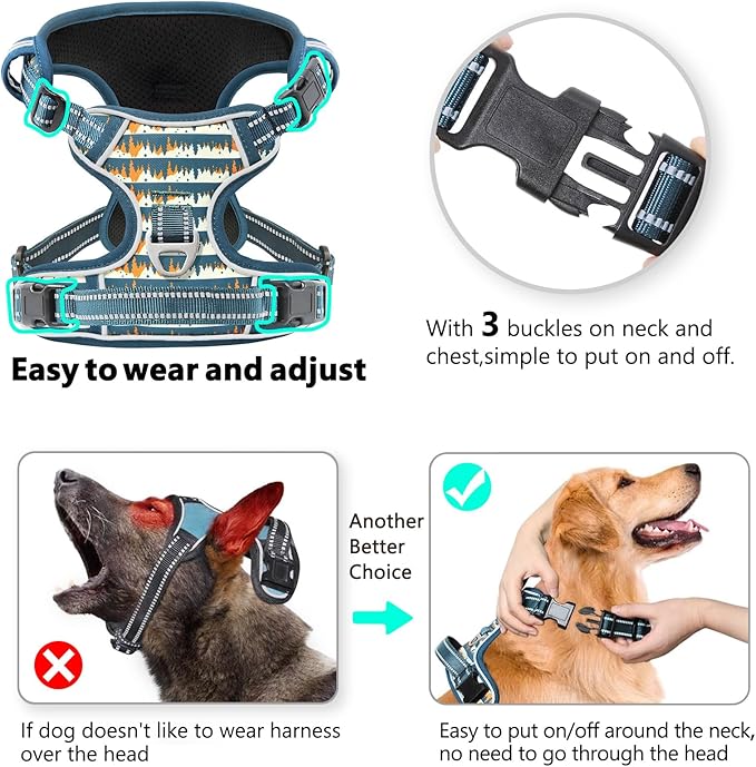 Timos No Pull Dog Harness, Release at Neck Reflective 3 Snap Buckles Adjustable No Choke Pet Vest with Front &amp; Back 2 Leash Clips, Soft Padded Control Training Handle for Small Medium Large Dogs
