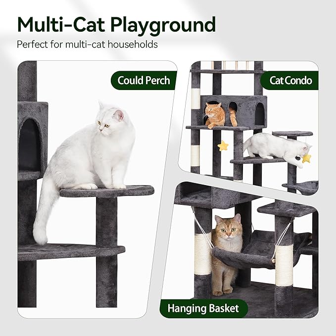 85in Giant Cat Tree for Heavy Duty Big Cats, Large Cat Trees with Scratching Post, Cat Tree Tower with Cat Condos, Hammock &amp; Plush Perch for Maine Coon, Smoky Gray