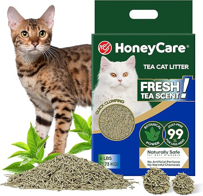 HoneyCare Tea Cat Litter | Natural Plant-Based Formula | Long-Lasting Odor Control | 99% Dust-Free &amp; Low Tracking | Flushable Cat Litter | 6-lbs