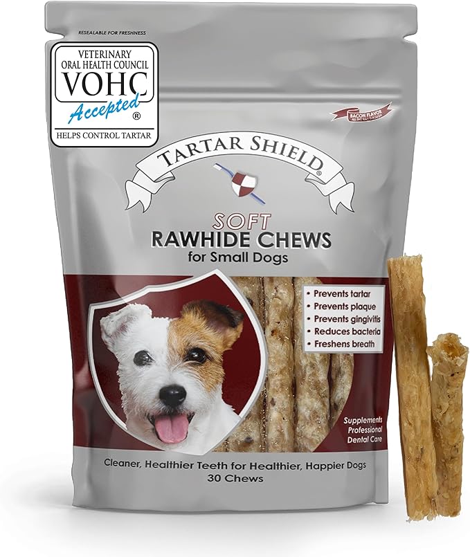 Tartar Shield Soft Rawhide Chews | Safe Dental Treats for Small Dogs | Vet VOHC Approved | Daily Bone Cleans Teeth &amp; Gums Fresh Breath Oral Health Support | USA Made | (Small Dogs / 30 Count)