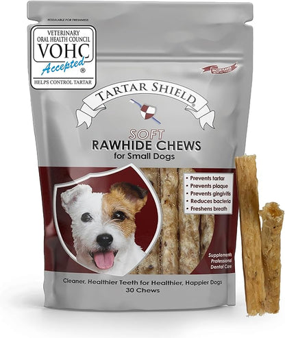 Tartar Shield Soft Rawhide Chews | Safe Dental Treats for Small Dogs | Vet VOHC Approved | Daily Bone Cleans Teeth &amp; Gums Fresh Breath Oral Health Support | USA Made | (Small Dogs / 30 Count)