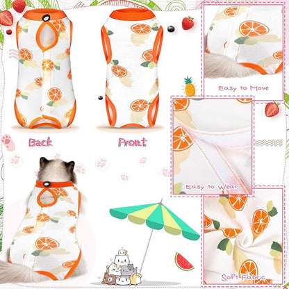 Nuanchu 3 Pieces Cat Recovery Suit Kitten Recovery Suit E-Collar Alternative for Cats and Dogs Abdominal Skin Anti Licking Pajama Clothes Sets(Fruit Pattern,Medium)