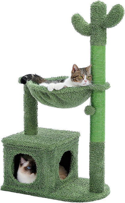 Cactus Cat Tree 40" Cat Tower with Large Metal Carpet Hammock, Cat Scratching Post for Indoor Cats with Condo &amp; Replaceable Toy Ball, Green