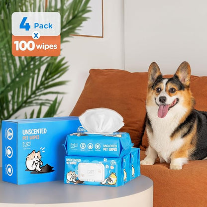Unscented Pet Wipes (400pcs) - Hypoallergenic, Alcohol-Free &amp; Soothing for Sensitive Skin - Head-to-Tail Cleaning for Dogs &amp; Cats - Safe for Face, Coat, Paws &amp; Butt