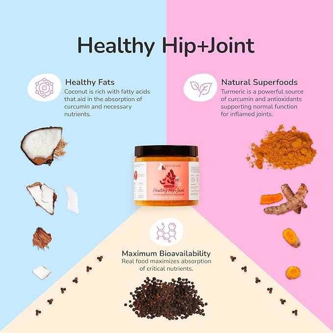 kin+kind Hip+Joint Supplement Dogs &amp; Cats - Vet Formulated Natural Formula with Organic Turmeric, Black Pepper and Coconut- Made in USA - 4 oz (Medium)