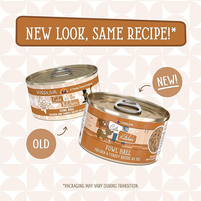 Weruva Cats in The Kitchen, Fowl Ball with Chicken &amp; Turkey Au Jus Cat Food, 3.2oz Can (Pack of 24)