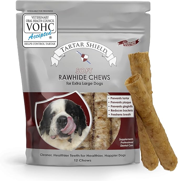 Tartar Shield Soft Rawhide Chews | Safe Dental Treats for Large Dogs | Vet VOHC Approved | Daily Bone Cleans Teeth &amp; Gums Fresh Breath Oral Health Support | USA Made | (XL Dogs / 12 Count)