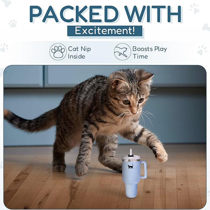 Kitty Cup Tumbler Cat Toy – Funny Cat Birthday Gifts with Catnip &amp; Crinkle Paper, Cute Girl Kitten Toys (Chambray Blue)