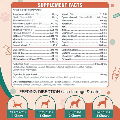 Dog Multivitamin with Glucosamine, Omega 3, Minerals, Probiotics and Enzymes, Dog Vitamins and Supplements for Joint, Skin &amp; Coat Care, Digestive and Immune Health, Chicken Flavor - 120 Chews