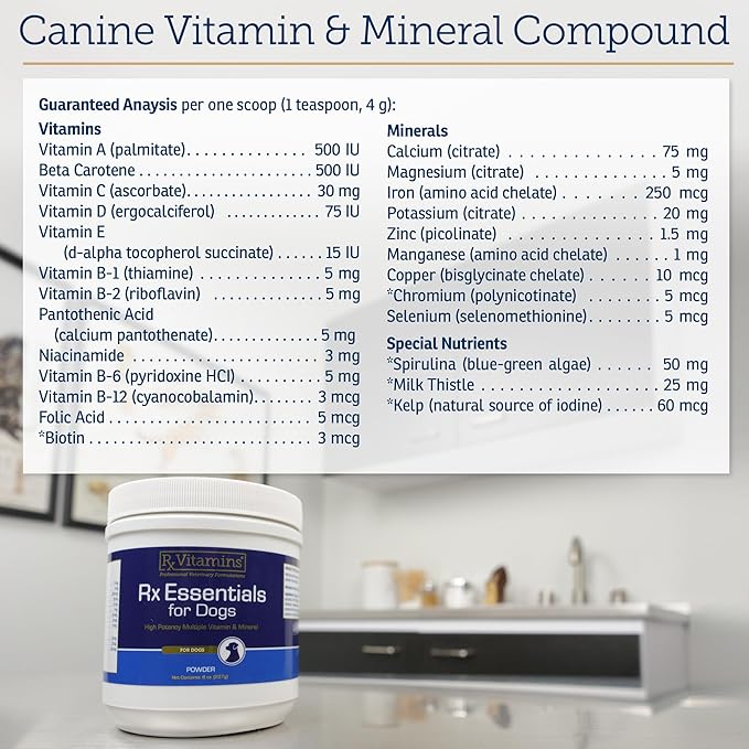 Rx Vitamins Essentials for Dogs - Daily Vitamins &amp; Minerals - with Blue Spirulina, Kelp Powder, and Milk Thistle - Complete Canine Vitamins and Essential Minerals Powder - 8 oz