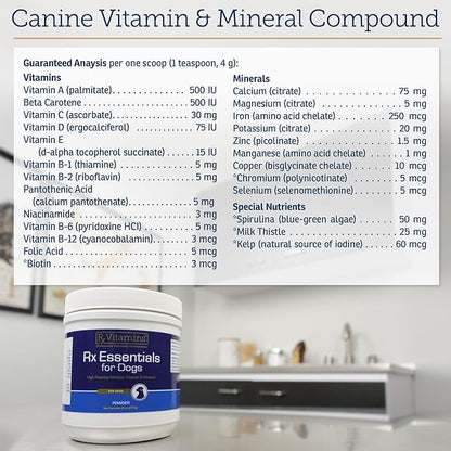 Rx Vitamins Essentials for Dogs - Daily Vitamins &amp; Minerals - with Blue Spirulina, Kelp Powder, and Milk Thistle - Complete Canine Vitamins and Essential Minerals Powder - 8 oz
