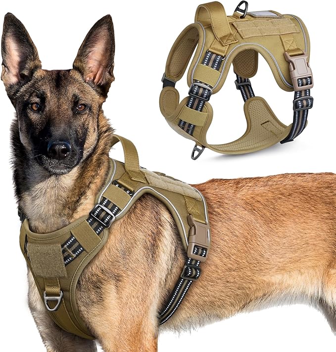 rabbitgoo Tactical Dog Harness for Large Dogs, No Pull Military Service Vest with Handle &amp; Molle, Easy Control for Training Walking, Adjustable Reflective Straps, Brown, XL