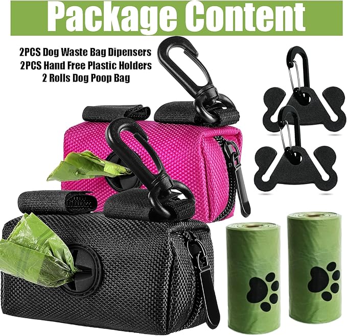 2Packs Dog Poop Bag Holder for Leash Attachment Dog Poop Bag Dispenser Dog Waste Bag Dispensers Dog Poop Bag Holders Fit Dog Leash Accessory With Hand Free Holder Carriers, Pink &amp; Black