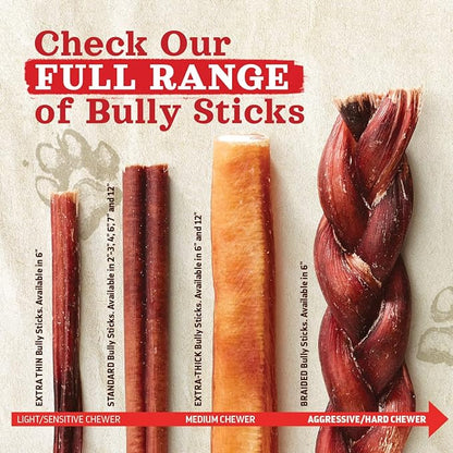 Natural Farm Odor-Free Thin Bully Sticks (12”, 25-Pack) All-Natural Long-Lasting Dog Chews, 100% Beef Pizzle, Grass-Fed, Grain-Free, Protein for Muscle Development &amp; Energy, Perfect for Large Dogs