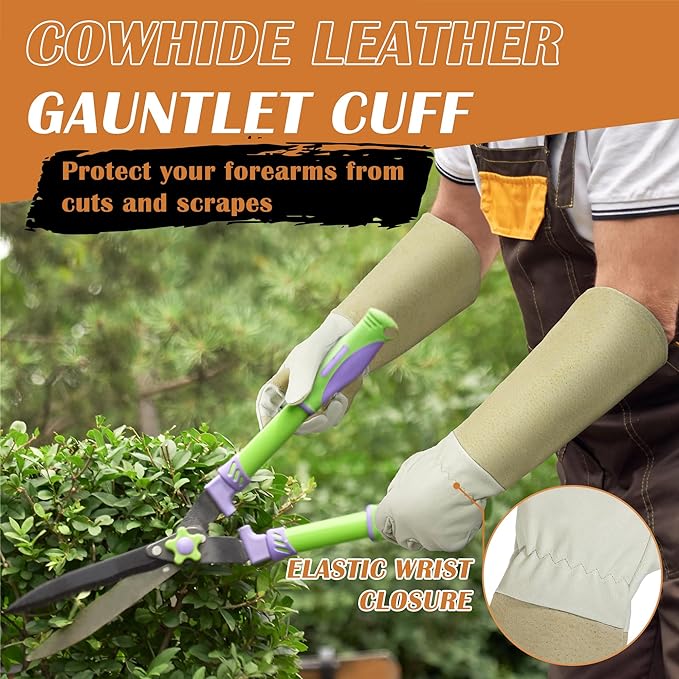 HANDLANDY Pruning Gloves Long for Men &amp; Women, Pigskin Leather Rose Gardening Gloves- Breathable &amp; Durability Gauntlet Glove Medium