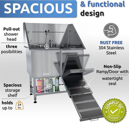 KANIS Professional Dog Washing Station - 304 Stainless Steel Pet Wash Sink &amp; Grooming Bath Tub for Home with Ramp, Shower, Floor Grate, Storage Shelf, Faucet, Drain Kit for Large, Medium &amp; Small Pets