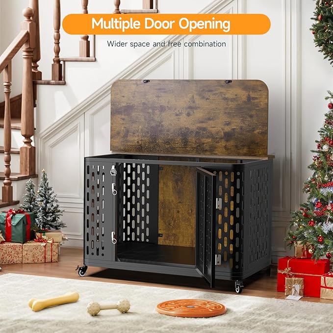 Dog Crate with Cushion, 38" Wood Heavy Duty Dog Crate Furniture with Flip Top &amp; Wheels for High Anxiety Dogs, Escape Proof Pet Cage for Small/Medium Dogs