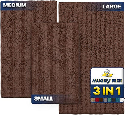Muddy Mat® Pack of 3 Highly Absorbent Microfiber Dog Door Mat and Pet Rug, Non Slip Thick Washable Area Mat Soft Chenille for Kitchen Bathroom Bedroom and Outdoor - Brown Small, Medium &amp; Large