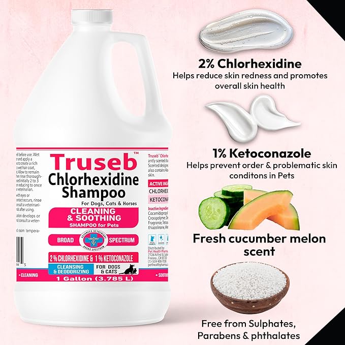 Truseb Topical Ketoconazole and Chlorhexidine Shampoo for Dogs, Cats &amp; Horses Pleasantly Scented with a Cucumber Melon Scent with Aloe (Ketoconazole &amp; Chlorhexidine Shampoo, 1 Gallon)