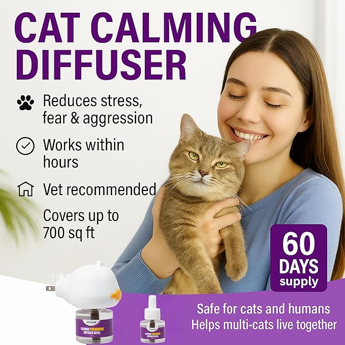 Cat Pheromones Calming Diffuser Cat Anxiety Relief Pheromones for Cats Promotes Well-Being &amp; Comfort Cat Calming Diffuser with 2 Refills 60 Days Long Lasting Serenity
