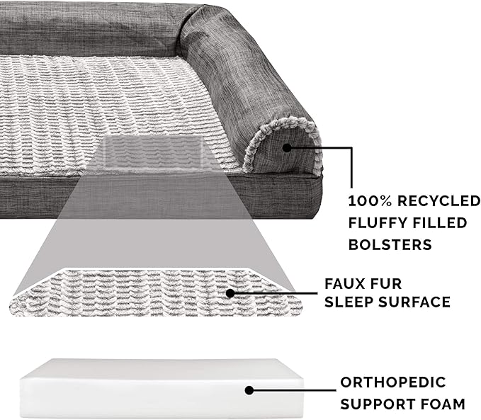 Furhaven Orthopedic Dog Bed for Large Dogs w/ Removable Bolsters &amp; Washable Cover, For Dogs Up to 125 lbs - Luxe Faux Fur &amp; Performance Linen Sofa - Charcoal, Jumbo Plus/XXL