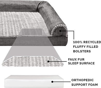 Furhaven Orthopedic Dog Bed for Large Dogs w/ Removable Bolsters &amp; Washable Cover, For Dogs Up to 125 lbs - Luxe Faux Fur &amp; Performance Linen Sofa - Charcoal, Jumbo Plus/XXL