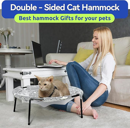 Elevated Cat Bed, Glow-in-The-Dark Fabric Cat Hammock Bed for Large Indoor Cats, Machine Washable &amp; Breathable Cover, Tool Free Easy Assembly, up to 66Lbs (Gray, L)