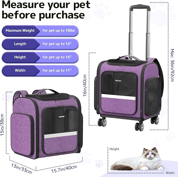 Rolling Cat Carrier with Wheels Dog Carrier for Small Dogs &amp; Medium Cats, Expandable Pet Carrier on Wheels with Cat Play Tunnel, Large Capacity, Breathable Mesh, Side Pocket, Purple