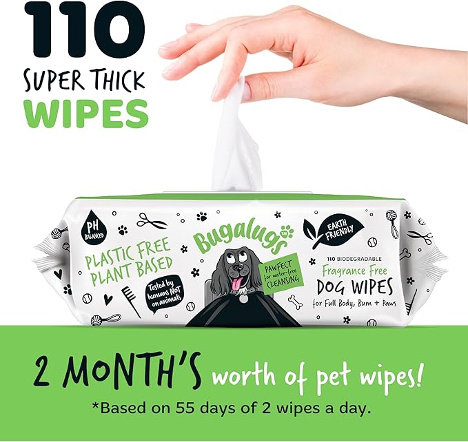 Dog Wipes, 100% Plastic Free Biodegradable pet Wipes for Full Body, Eye Wipes, Ear Wipes, Bum &amp; Paws. 110 Sensitive Dog Grooming Wipes for Dogs, Puppy &amp; cat Grooming (Fragrance Free)