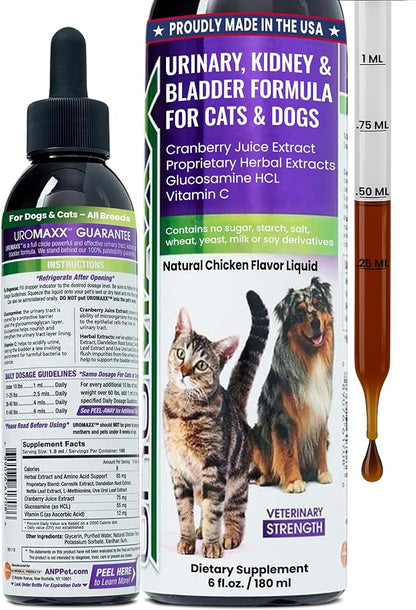 Cat &amp; Dog Urinary Tract Treatment, Bladder &amp; Kidney Support for Dogs and Cats, Powerful Yet Gentle Pet Care, with Liquid Cranberry &amp; Glucosamine, Chicken Flavor, 6 oz Bottle, 1 Pack