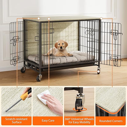 Dog Crate Furniture, 32.5" Wooden Dog Crate Furniture Side End Table, Indoor Kennel with Double Doors, Dog Crates for Medium Dogs, Grey