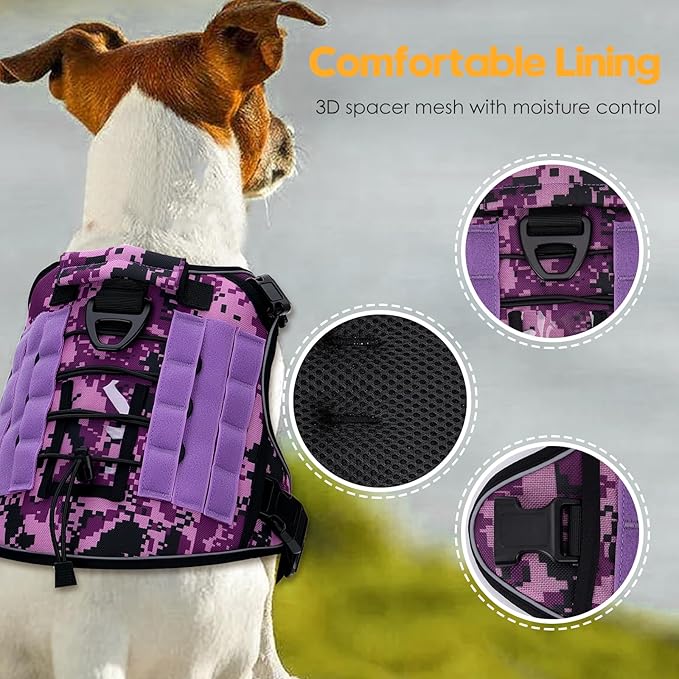 Heavy-Duty Tactical Dog Harness for Large Dogs, No Pull Adjustable Reflective Pet Vest with Molle System, K9 Military-Grade Control for Service Training, Outdoor &amp; 10+ Breeds, Purple Camo, Large