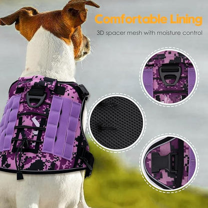 Heavy-Duty Tactical Dog Harness for Large Dogs, No Pull Adjustable Reflective Pet Vest with Molle System, K9 Military-Grade Control for Service Training, Outdoor &amp; 10+ Breeds, Purple Camo, XX-Large