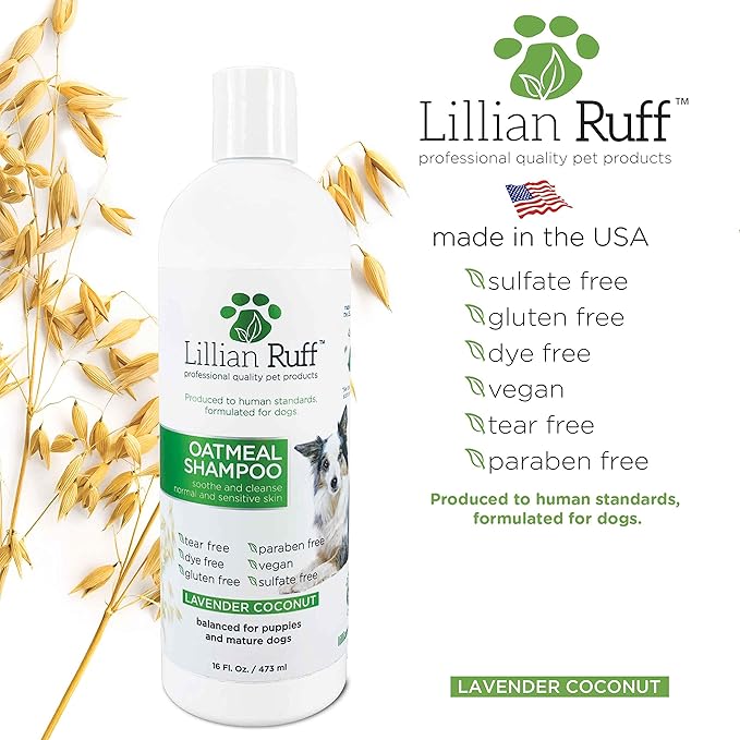 Lillian Ruff Calming Oatmeal Pet Shampoo for Dry Skin &amp; Itch Relief with Aloe &amp; Hydrating Essential Oils - Replenish Moisture &amp; Deodorize - Tearless Dog Shampoo for Normal/Sensitive Skin (16oz)