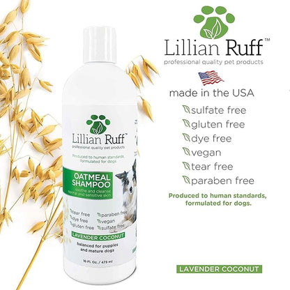 Lillian Ruff Calming Oatmeal Pet Shampoo for Dry Skin &amp; Itch Relief with Aloe &amp; Hydrating Essential Oils - Replenish Moisture &amp; Deodorize - Tearless Dog Shampoo for Normal/Sensitive Skin (16oz)