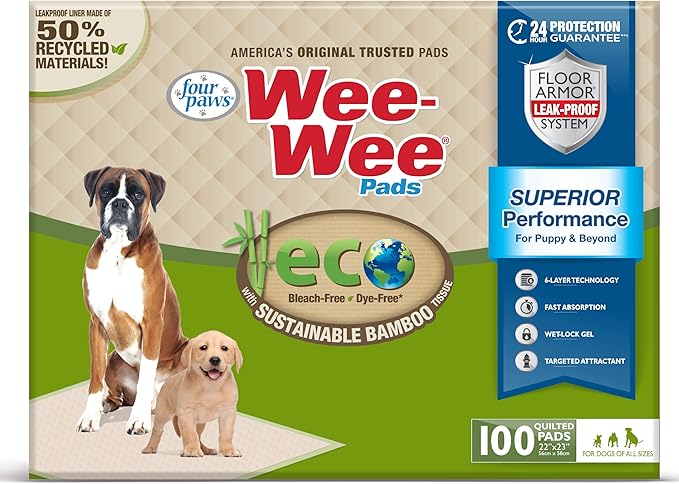 Four Paws Wee-Wee Superior Performance Bamboo Pee Pads for Dogs, Earth Friendly Dog &amp; Puppy Potty Training Pads, Crate Liners, Housebreaking Supplies, 22" x 23" (100 Count)