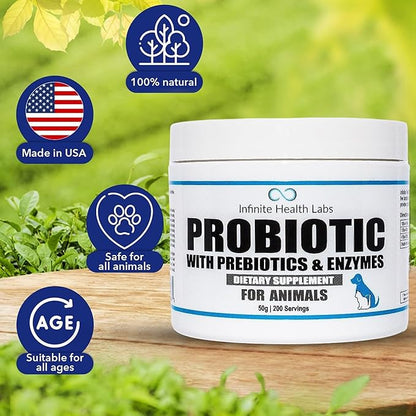 Probiotics for Dogs and Cats - Vet Formulated Made in USA Pet Prebiotic &amp; Enzyme Powder for Digestive, Gut &amp; Immune Health - 200 Servings (50 g)
