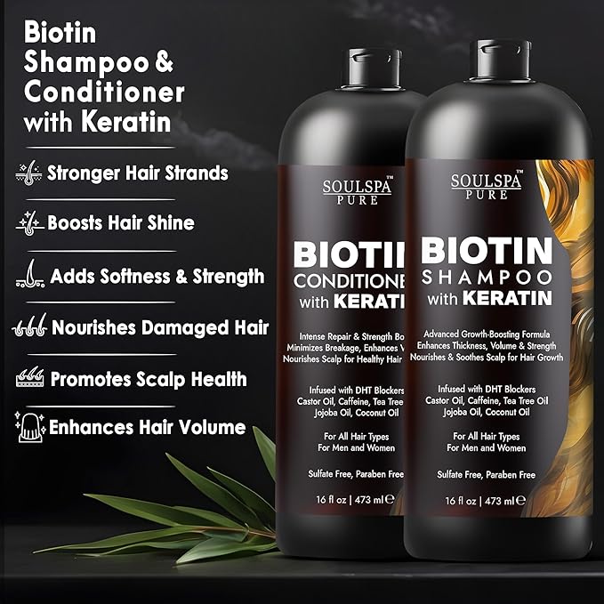 Biotin Shampoo and Conditioner Set with Keratin - Sulfate-Free Advanced Anti-Thinning, Hair Growth Shampoo and Conditioner Combo Repair Formula - with DHT Blockers, for Men &amp; Women - 16 fl oz each