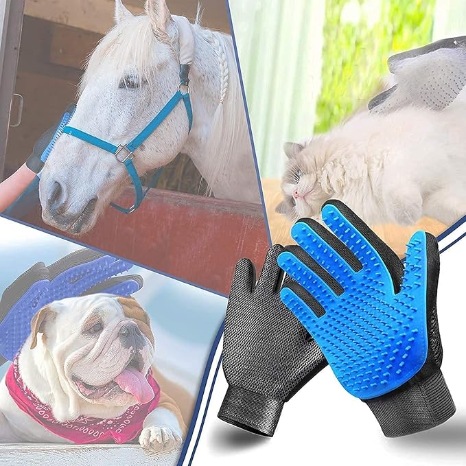 Pet Grooming Glove Hair Remover Brush Gentle Deshedding Efficient Pet Mitt Pet Massage Gloves Left &amp; Right Hand Draw Dogs Cats Horses Long Short Fur (1Pair Left &amp; Right Hand (Blue))