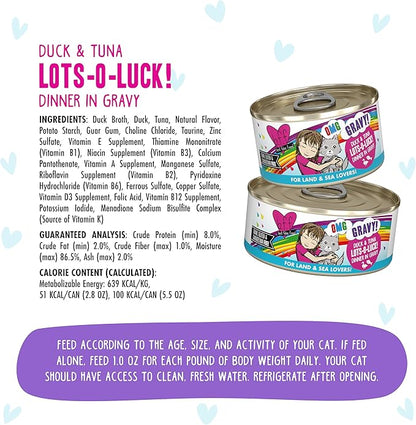 Weruva B.F.F. OMG - Best Feline Friend Oh My Gravy!, Lots-O-Luck! with Duck &amp; Tuna in Gravy Cat Food, 5.5oz Can (Pack of 8)