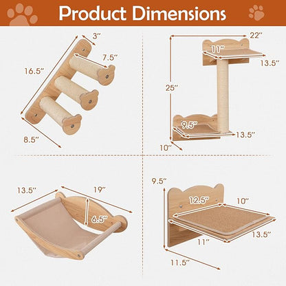 Tangkula Cat Wall Shelves, Wall Mounted 4pcs Kitten Furniture Set with Hammock, 2-Step Kitty Tree, Perch, Non-Slip Carpet Mat, Sisal Stairs &amp; Scratching Posts, Wooden Cat Climber Steps (Natural)