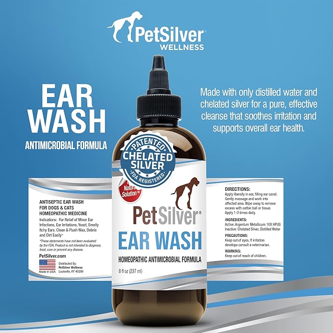 PetSilver Ear Cleaner for Dogs &amp; Cats – Gentle Otic Rinse with Chelated Silver Formula – Supports Clear, Comfortable Ears – Easy to Use – Thoughtfully Made in The USA with Care – 8 fl oz