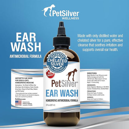 PetSilver Ear Cleaner for Dogs &amp; Cats – Gentle Otic Rinse with Chelated Silver Formula – Supports Clear, Comfortable Ears – Easy to Use – Thoughtfully Made in The USA with Care – 8 fl oz