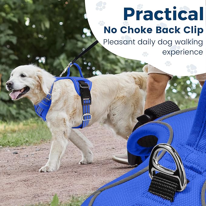 Funfox Dog Harness No Pull, Adjustable Pet Vest Harness, Super Soft Material with Vertical Handle Easy Control, Reflective Night Walking, 2 Leash Clips for Medium Sized Dogs, Blue, M