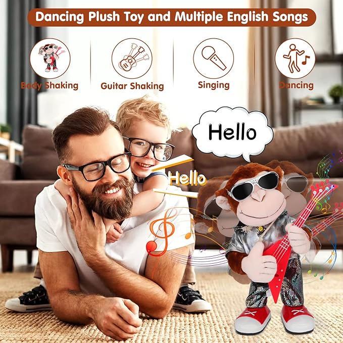 Dancing Monkey Plush Toy, Stuffed Toys, Dancing Singing, Body Shaking, and Guitar Shaking, Punk Molding, One Button Control, Children&